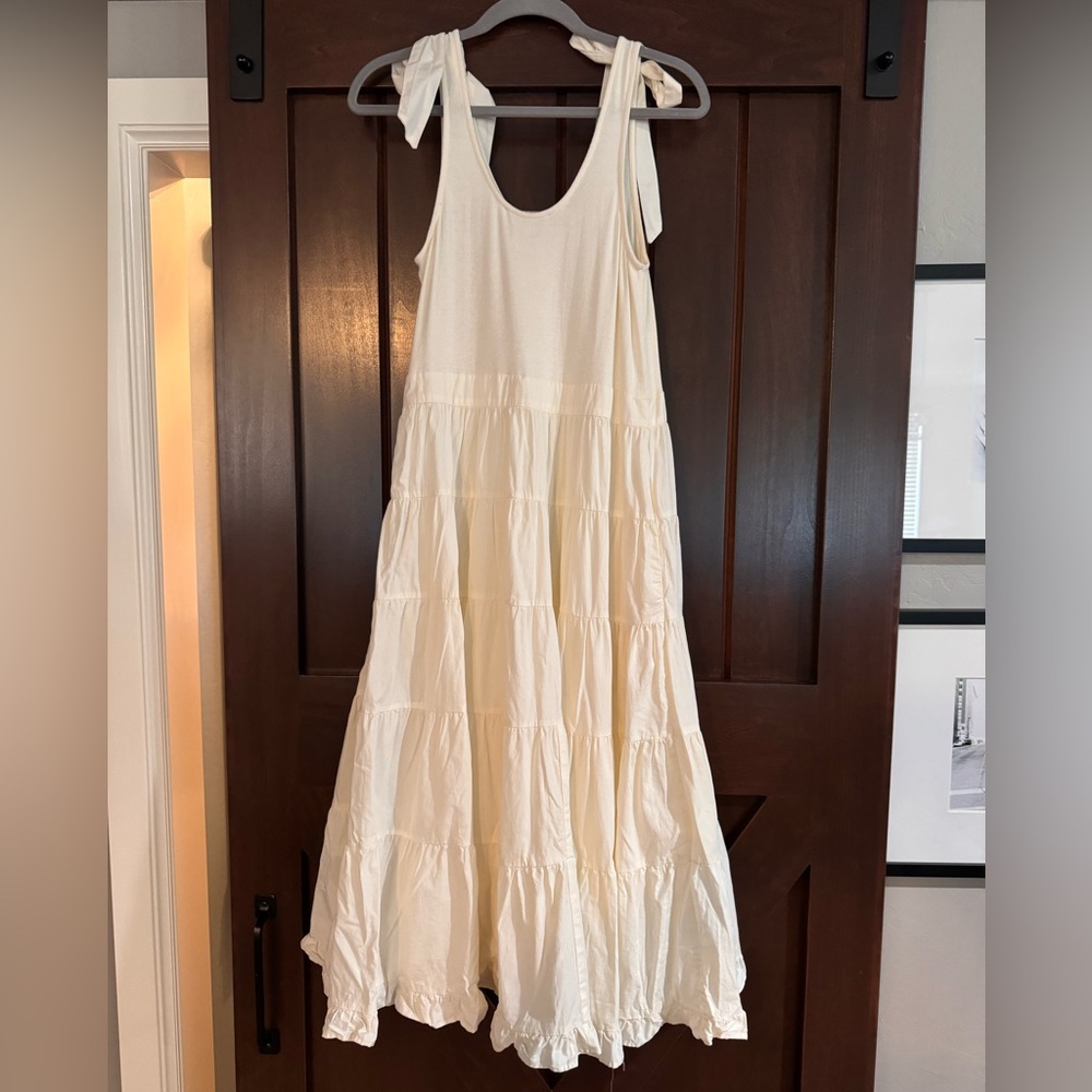 Chelsea & Violet Peplum Bow Tie Shoulder Tiered Ribbed Off White Dress Bridal - Picture 13 of 14